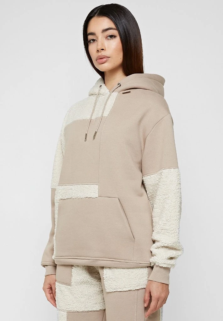 Woman Tracksuits Jersey & Borg Patchwork Hoodie - Beige/White