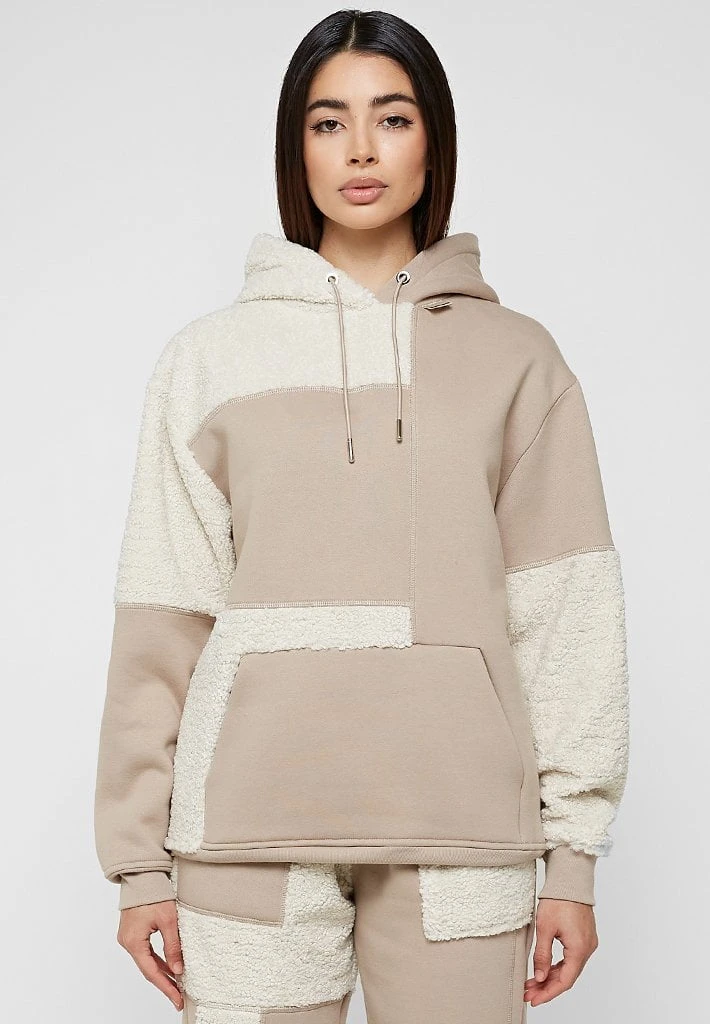 Woman Tracksuits Jersey & Borg Patchwork Hoodie - Beige/White