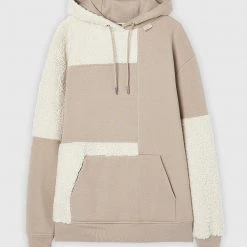 Woman Tracksuits Jersey & Borg Patchwork Hoodie - Beige/White