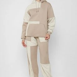 Woman Tracksuits Jersey & Borg Patchwork Joggers - Beige/White