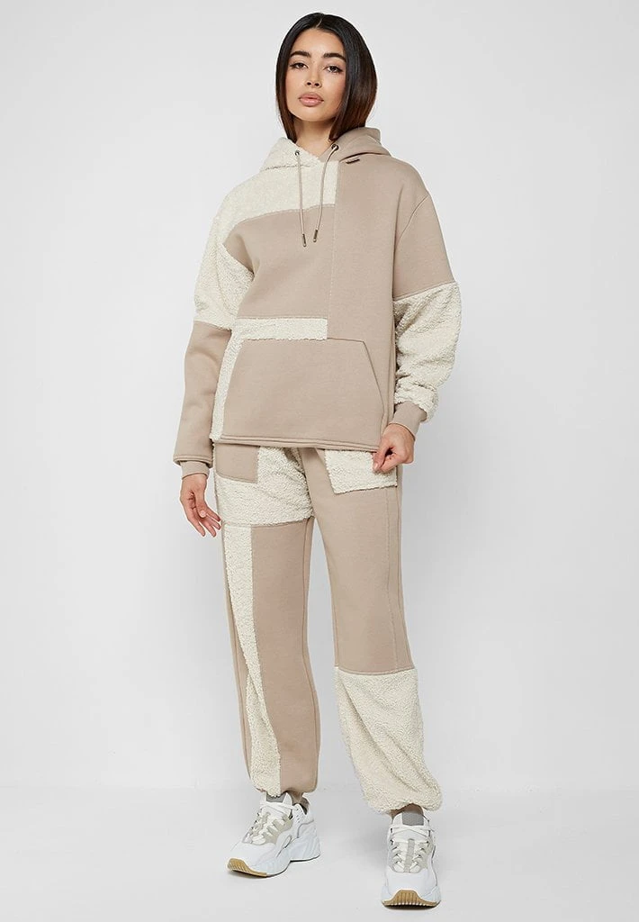 Woman Tracksuits Jersey & Borg Patchwork Joggers - Beige/White