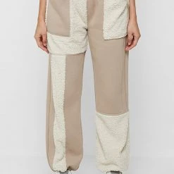 Woman Tracksuits Jersey & Borg Patchwork Joggers - Beige/White