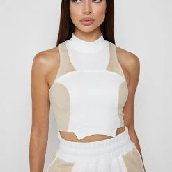 Woman Tops TOPS & T SHIRTS Jersey & Suede Crop Top - Beige/White