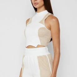 Woman Tops TOPS & T SHIRTS Jersey & Suede Crop Top - Beige/White