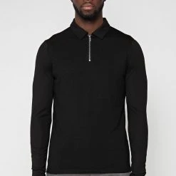 Man Tops POLO TOPS Knit & Mercerised Cotton Polo Top - Black
