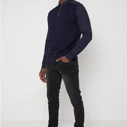 Man Tops POLO TOPS Knit & Mercerised Cotton Polo Top - Navy