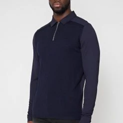 Man Tops POLO TOPS Knit & Mercerised Cotton Polo Top - Navy
