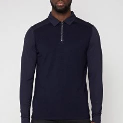 Man Tops POLO TOPS Knit & Mercerised Cotton Polo Top - Navy