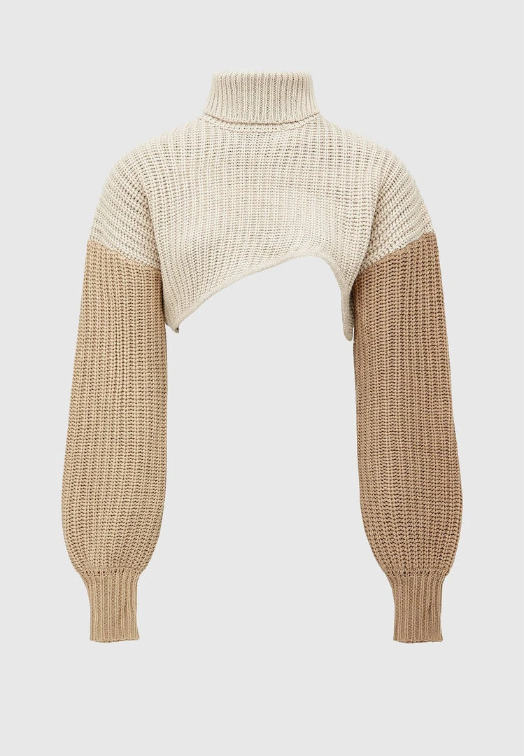 Woman Tops Knitted Asymmetric Cropped Jumper - Beige TOPS & T SHIRTS
