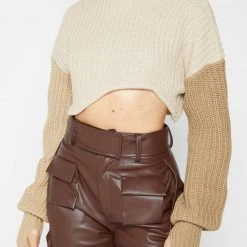 Woman Tops Knitted Asymmetric Cropped Jumper - Beige TOPS & T SHIRTS