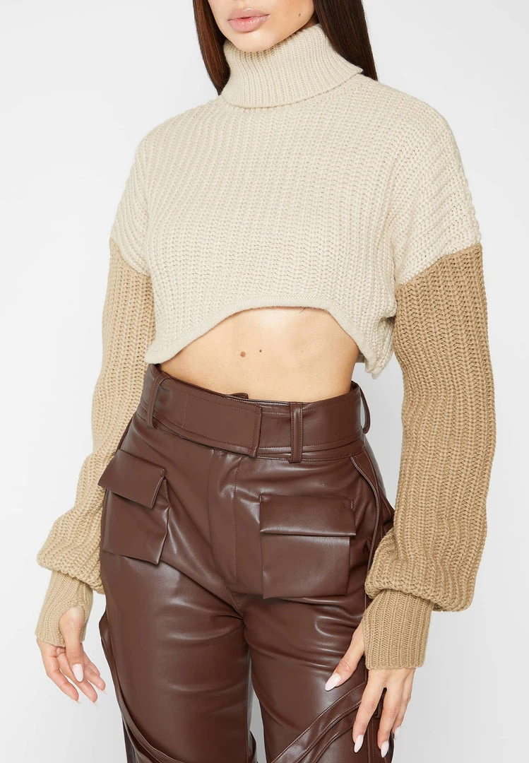 Woman Tops Knitted Asymmetric Cropped Jumper - Beige TOPS & T SHIRTS