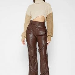 Woman Tops Knitted Asymmetric Cropped Jumper - Beige TOPS & T SHIRTS