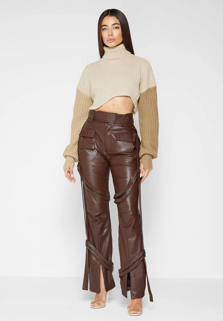 Woman Tops Knitted Asymmetric Cropped Jumper - Beige TOPS & T SHIRTS