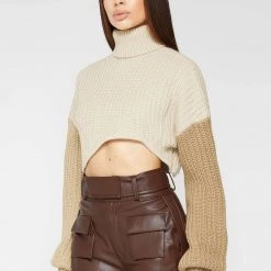Woman Tops Knitted Asymmetric Cropped Jumper - Beige TOPS & T SHIRTS
