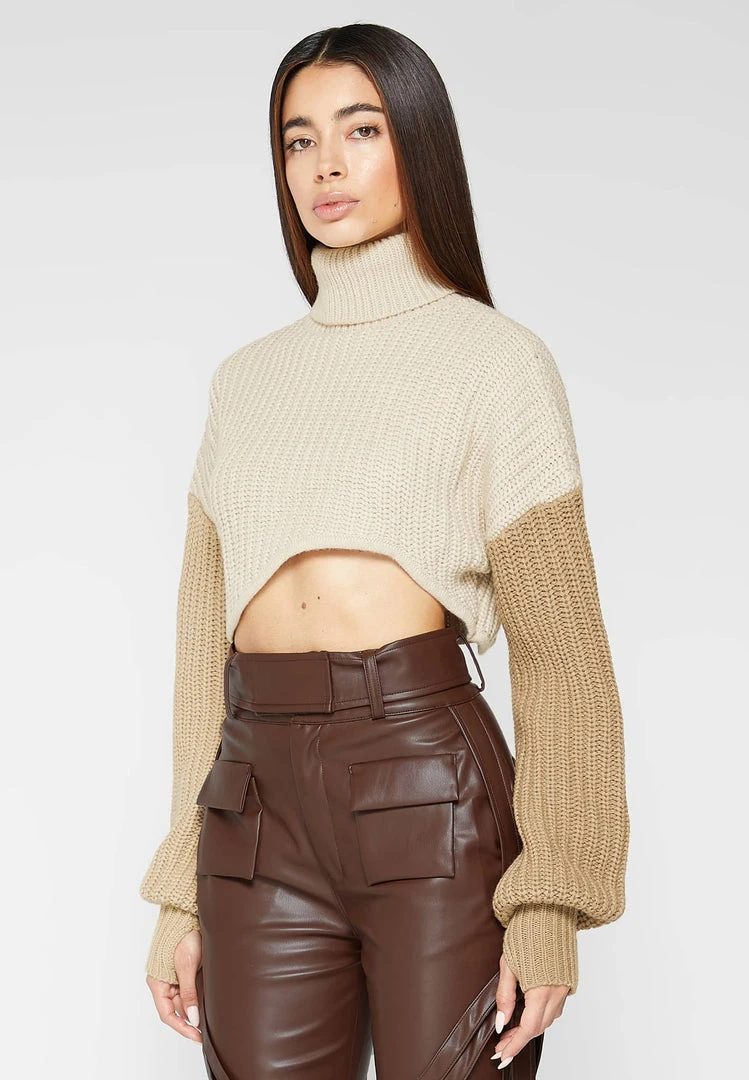 Woman Tops Knitted Asymmetric Cropped Jumper - Beige TOPS & T SHIRTS