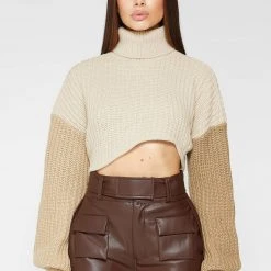 Woman Tops Knitted Asymmetric Cropped Jumper - Beige TOPS & T SHIRTS
