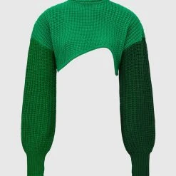 Woman Tops Knitted Asymmetric Cropped Jumper - Green TOPS & T SHIRTS