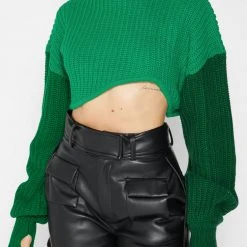 Woman Tops Knitted Asymmetric Cropped Jumper - Green TOPS & T SHIRTS