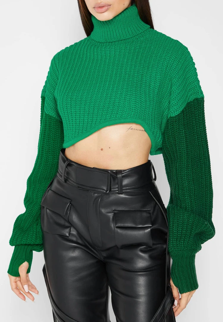 Woman Tops Knitted Asymmetric Cropped Jumper - Green TOPS & T SHIRTS