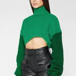 Woman Tops Knitted Asymmetric Cropped Jumper - Green TOPS & T SHIRTS