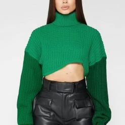 Woman Tops Knitted Asymmetric Cropped Jumper - Green TOPS & T SHIRTS