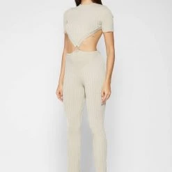 Woman Jumpsuits JUMPSUITS & PLAYSUITS Knitted Backless Jumpsuit - Beige