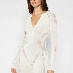 Woman Jumpsuits Knitted Contour Playsuit - Cream JUMPSUITS & PLAYSUITS