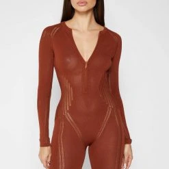Woman Jumpsuits Knitted Contour Playsuit - Rust