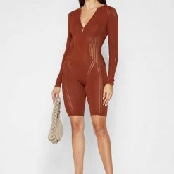 Woman Jumpsuits Knitted Contour Playsuit - Rust