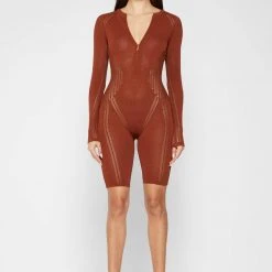 Woman Jumpsuits Knitted Contour Playsuit - Rust