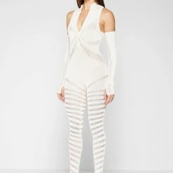 Woman Jumpsuits Knitted Contour Jumpsuit With Sleeves - Cream