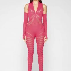 Woman Jumpsuits Knitted Contour Jumpsuit With Sleeves - Pink