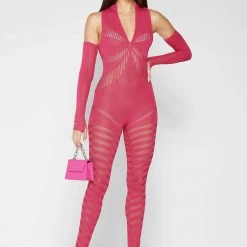 Woman Jumpsuits Knitted Contour Jumpsuit With Sleeves - Pink
