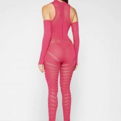 Woman Jumpsuits Knitted Contour Jumpsuit With Sleeves - Pink