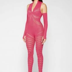Woman Jumpsuits Knitted Contour Jumpsuit With Sleeves - Pink