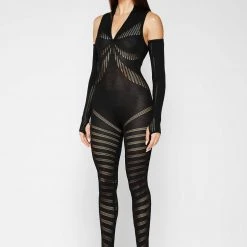 Woman Jumpsuits Knitted Contour Jumpsuit With Sleeves - Black JUMPSUITS & PLAYSUITS