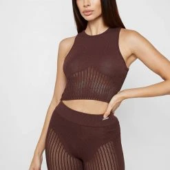 Woman Tops Knitted Crop Top - Brown TOPS & T SHIRTS