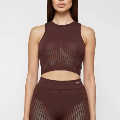 Woman Tops Knitted Crop Top - Brown TOPS & T SHIRTS