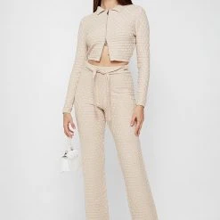 Woman Trousers Knitted High Waisted Trousers - Beige