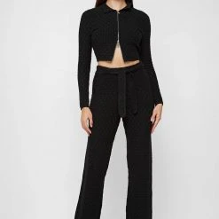 Woman Trousers Knitted High Waisted Trousers - Black