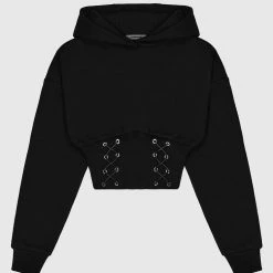 Woman Hoodies Lace Up Cropped Hoodie - Black