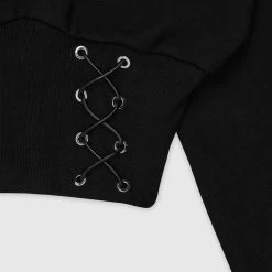 Woman Hoodies Lace Up Cropped Hoodie - Black