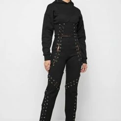 Woman Hoodies Lace Up Cropped Hoodie - Black