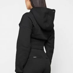 Woman Hoodies Lace Up Cropped Hoodie - Black