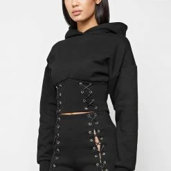Woman Hoodies Lace Up Cropped Hoodie - Black