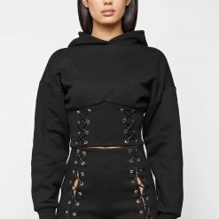 Woman Hoodies Lace Up Cropped Hoodie - Black
