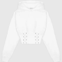 Woman Hoodies CO-ORDS Lace Up Cropped Hoodie - White