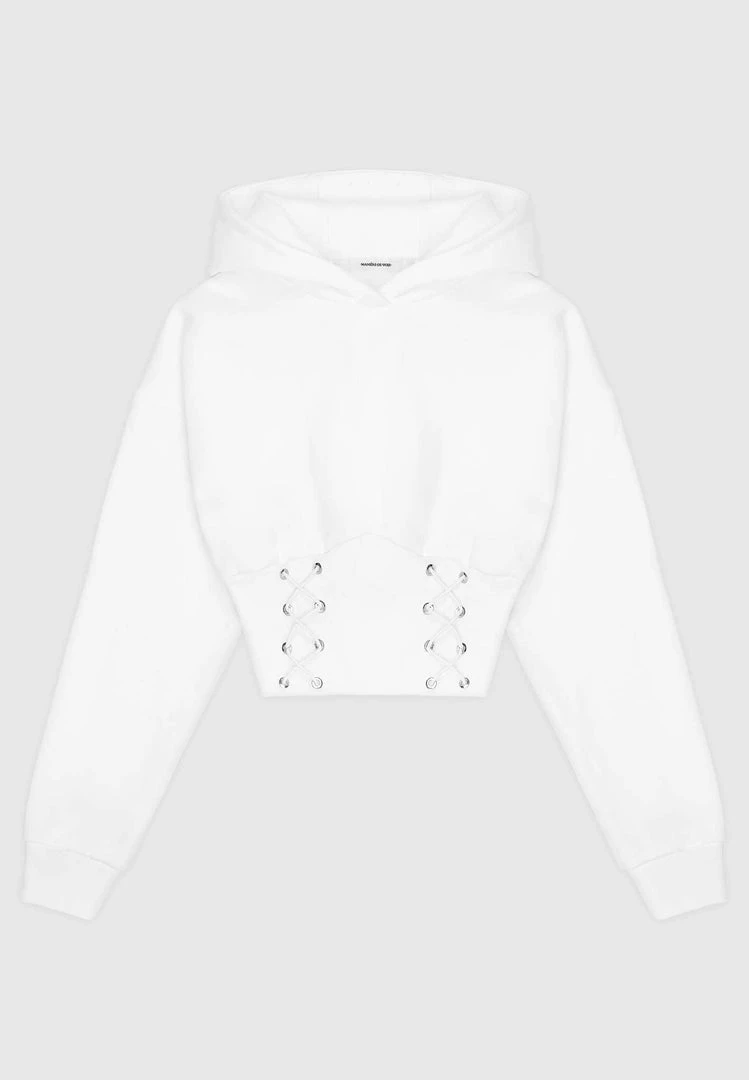 Woman Hoodies CO-ORDS Lace Up Cropped Hoodie - White