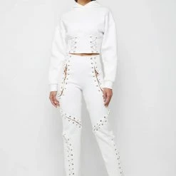 Woman Hoodies CO-ORDS Lace Up Cropped Hoodie - White