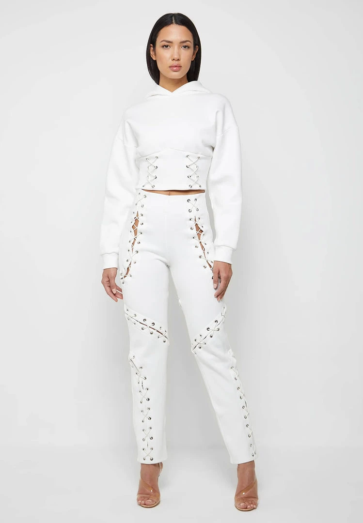 Woman Hoodies CO-ORDS Lace Up Cropped Hoodie - White